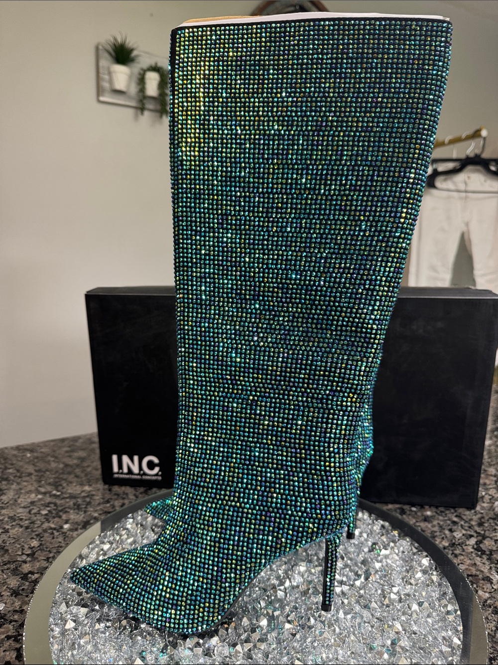 INC International Concepts Iridescent Green Crystal Knee-High Stiletto Boot NEW